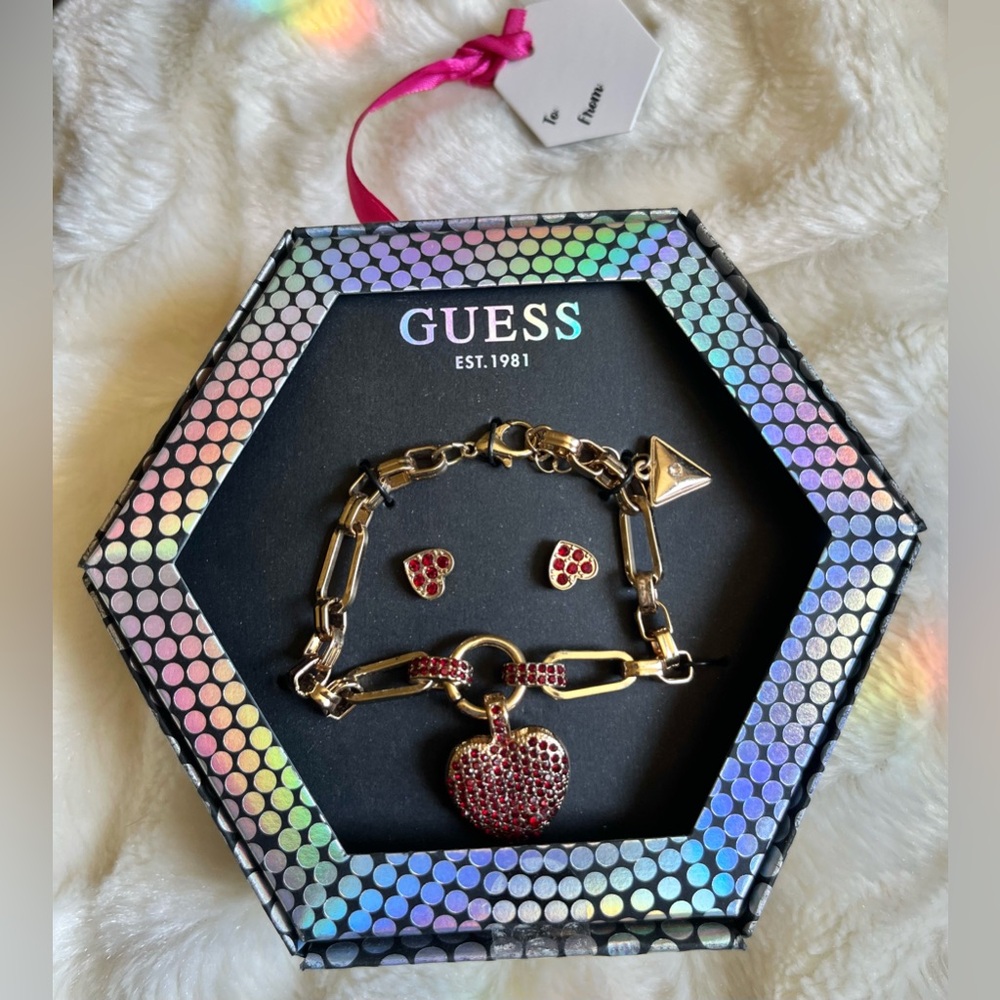 Guess Gold and Red Heart Jewelry Set